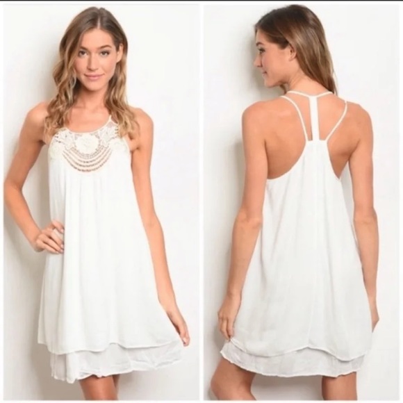 Eclectic Ginger Dresses & Skirts - White and tan crocheted neck and strappy back dress Small S